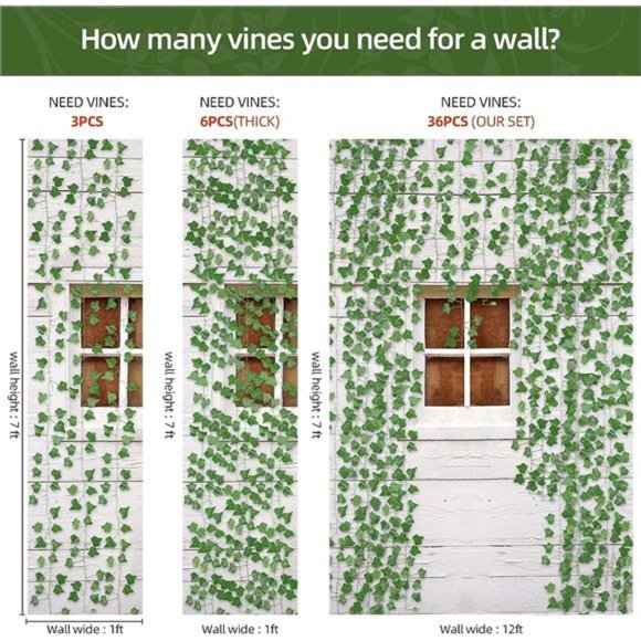 36Strands 248FT Fake Ivy Garland Leaves ArtificialVines Faux Green Hanging Plant - Picture 3 of 7